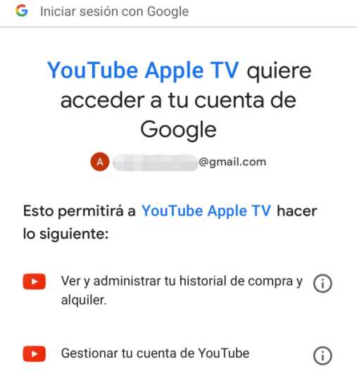 Permite que la aplicación YouTube Apple TV acceda a tu cuenta de Google.
