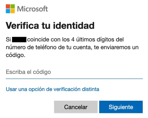 Verifica tu identidad. Recibirás un código de seguridad. Ingresa este código y haz clic en Siguiente.